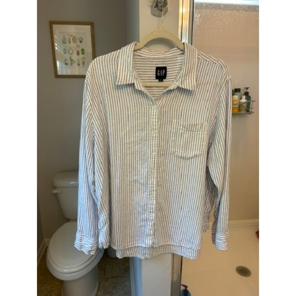 Gap‎ Womens Blue White Striped Linen Blend Button Down Shirt XXL Long Sleeve